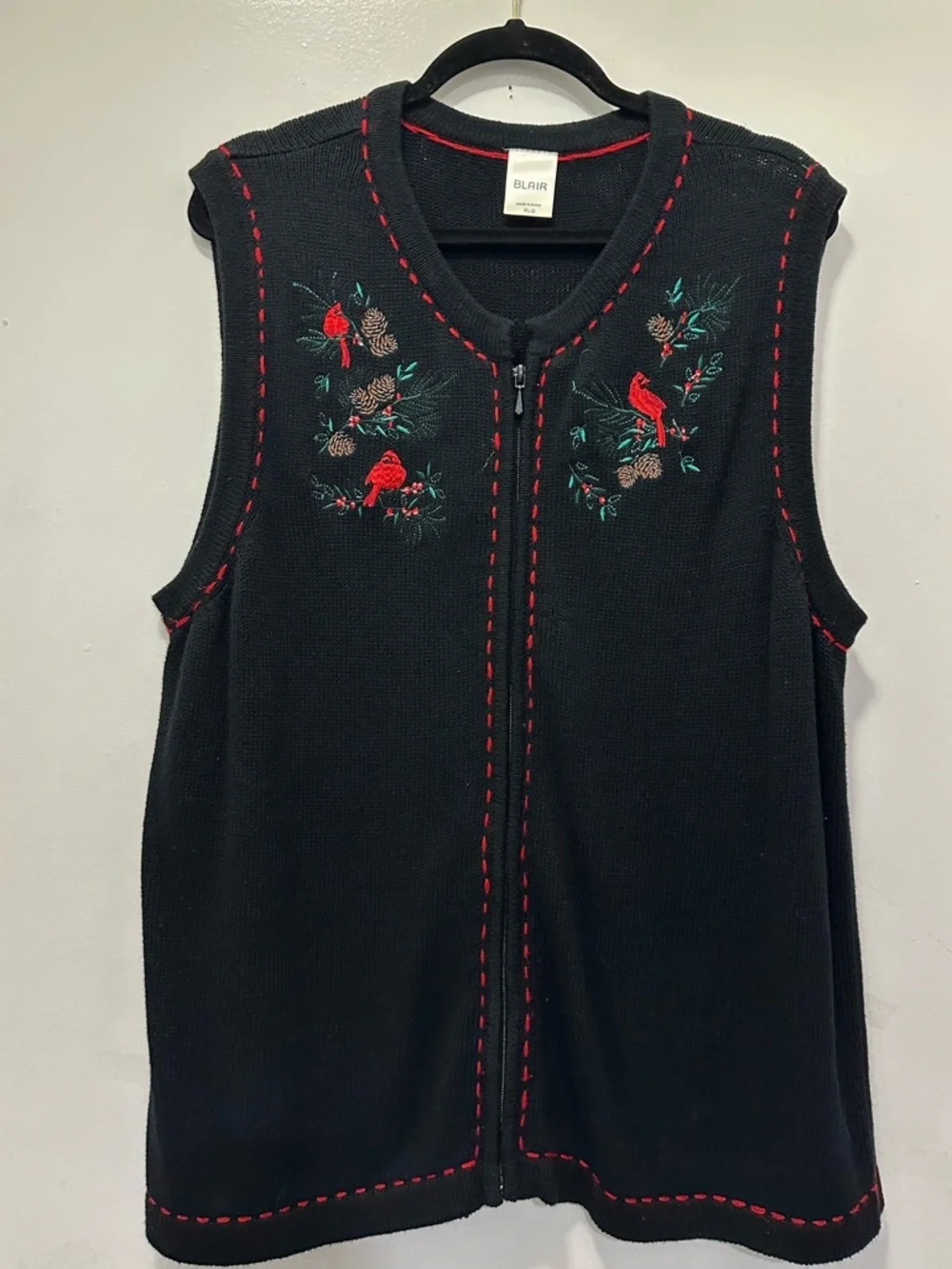 Blair Black Knit Zip-Front Vest with Red Cardinal Embroidery Vintage Sz XL - Picture 1 of 5